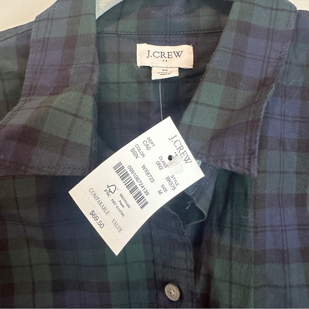 NWT J.Crew Factory Christmas Green Black Watch Plaid Poplin Button Down Shirt M - Picture 4 of 8